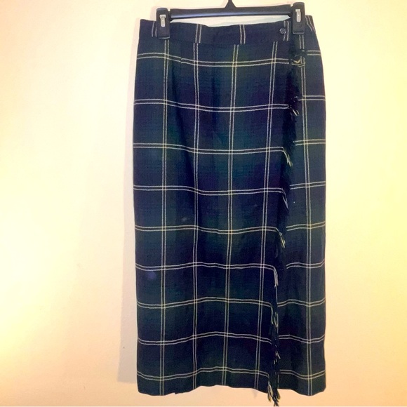 Talbots Vintage Fringe Wrap Plaid Tartan Wool Maxi Skirt Women Sz 12 Blue Green - Picture 3 of 12